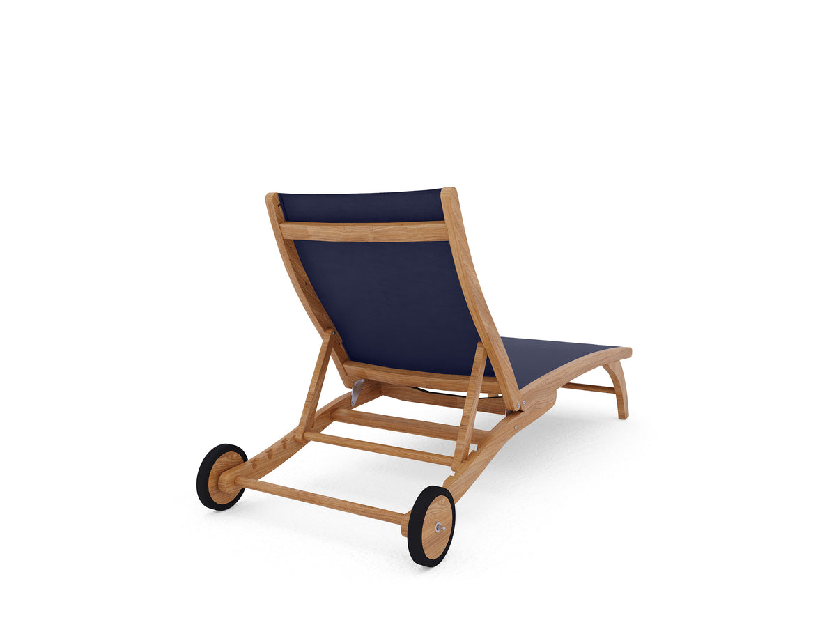 Perrin Teak Outdoor Reclining Chaise Lounger in Blue with Rear Wheels