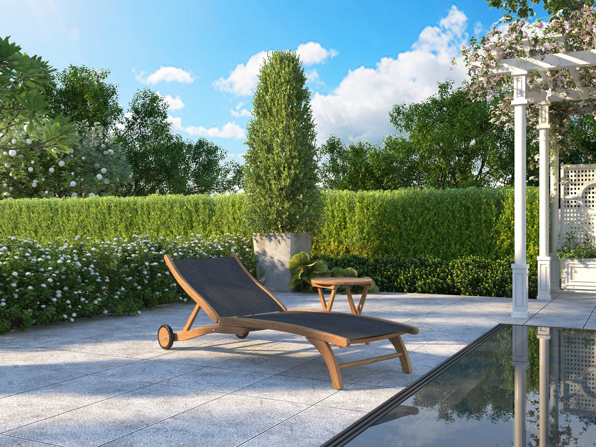 Perrin Teak Outdoor Reclining Chaise Lounger in Black with Rear Wheels