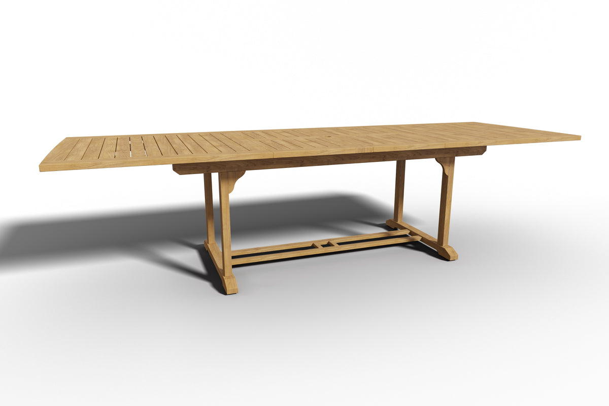 Olivier Rectangular Teak Outdoor Dining Table with Double Extensions and Umbrella Hole