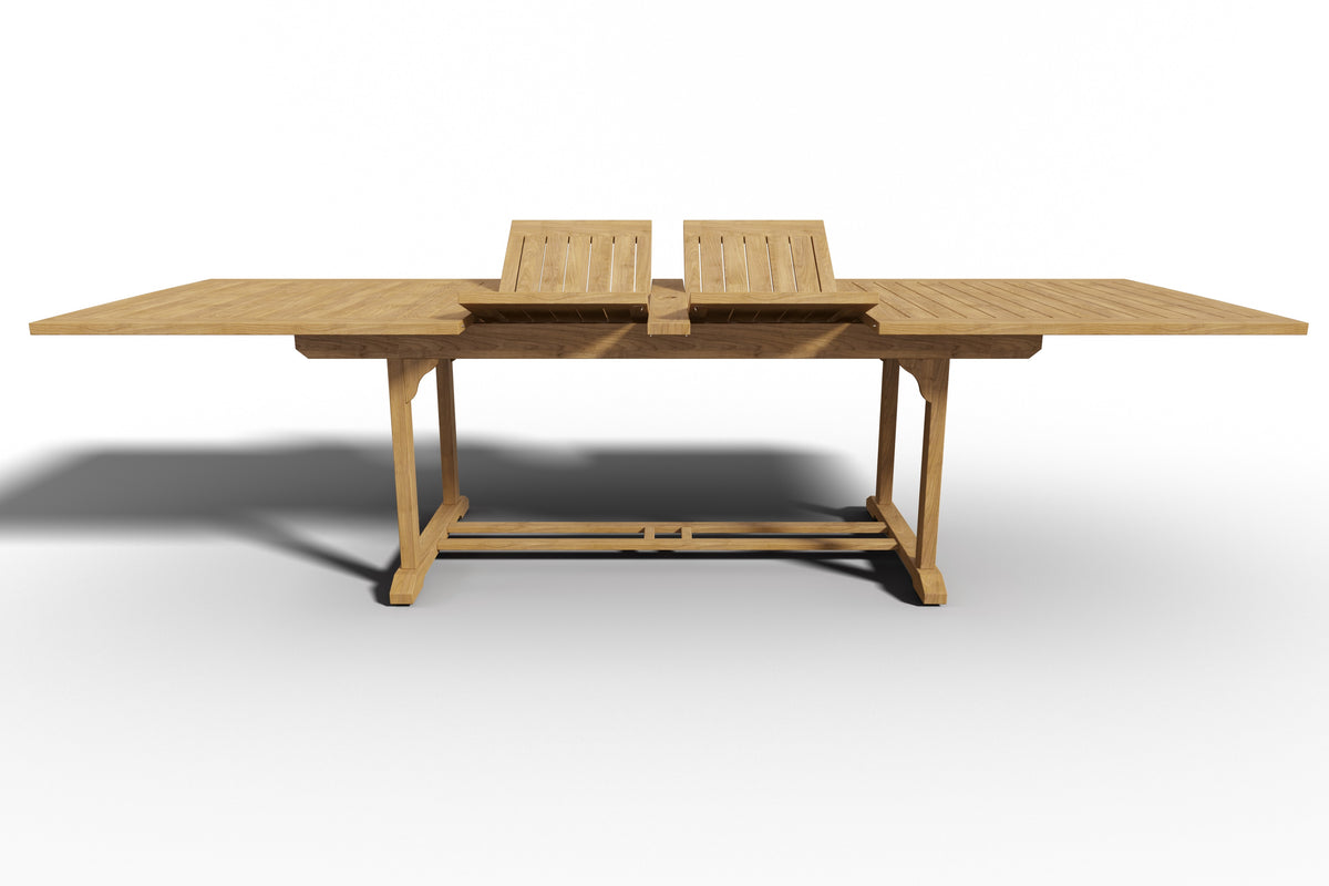 Olivier Rectangular Teak Outdoor Dining Table with Double Extensions and Umbrella Hole