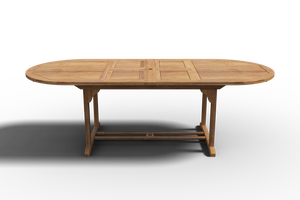 Amelie Oval Teak Outdoor Dining Table with Double Extensions and Umbrella Hole