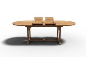 Amelie Oval Teak Outdoor Dining Table with Double Extensions and Umbrella Hole