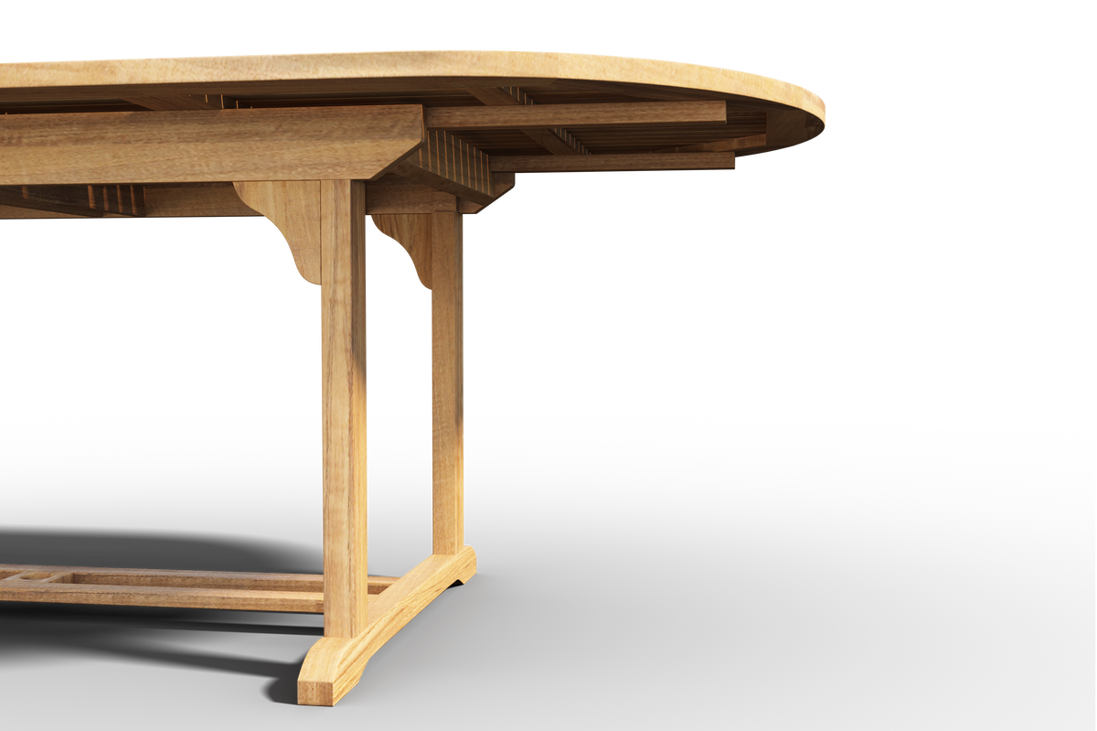 Amelie Oval Teak Outdoor Dining Table with Double Extensions and Umbrella Hole