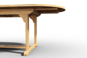 Amelie Oval Teak Outdoor Dining Table with Double Extensions and Umbrella Hole