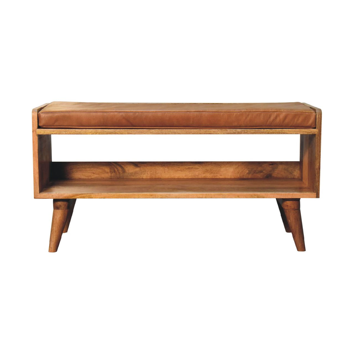 Hardwood Bench with Tan Leather Seatpad