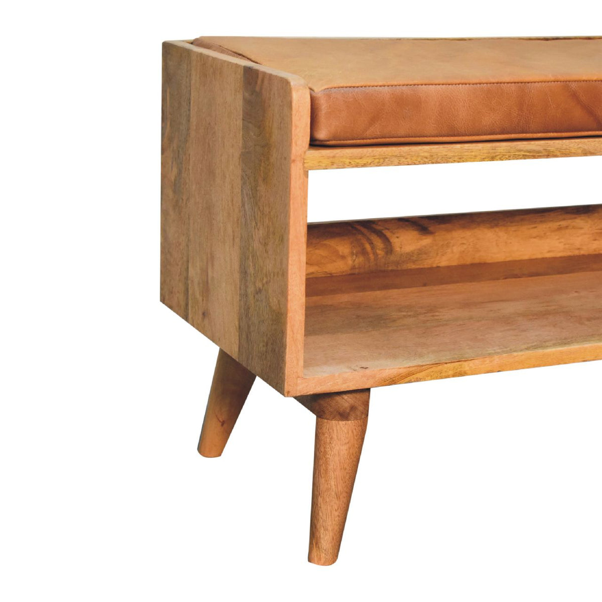 Hardwood Bench with Tan Leather Seatpad