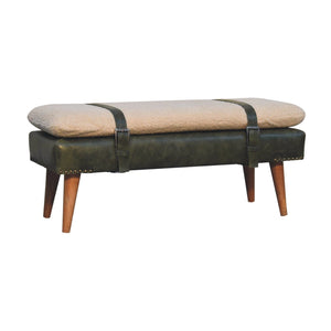 Bouclé  Buffalo Hide Olive Green Leather Bench