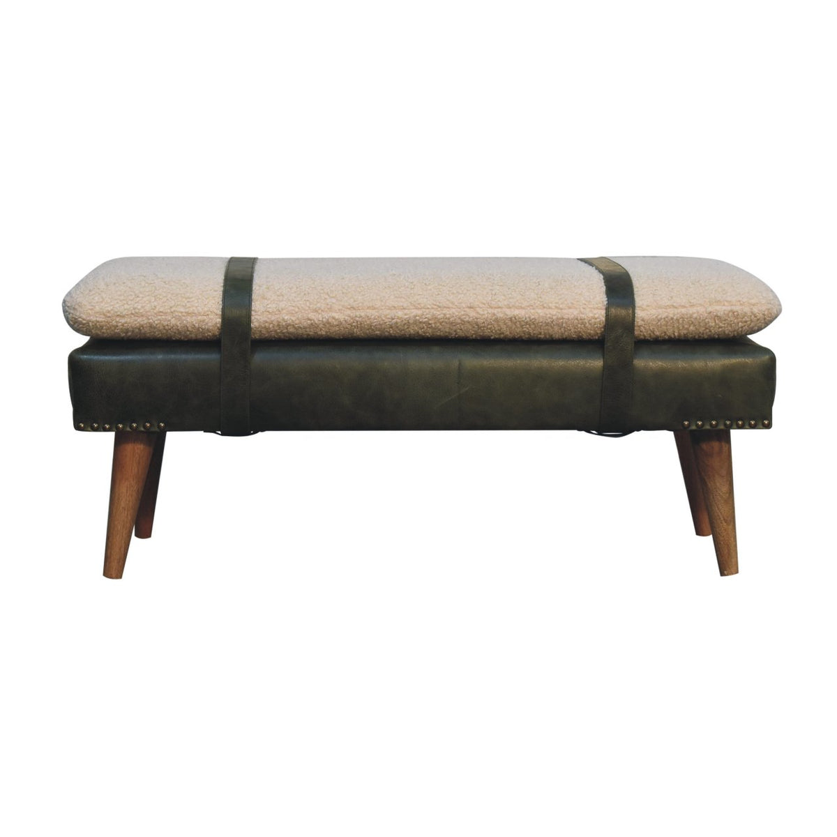 Bouclé  Buffalo Hide Olive Green Leather Bench