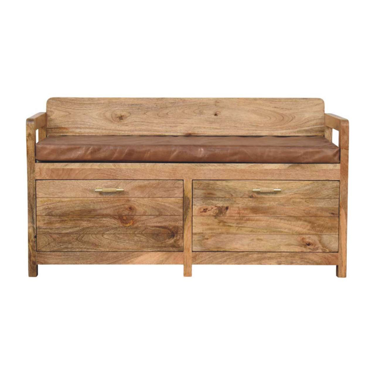 Hardwood Storage Bench with Brown Leather Seat