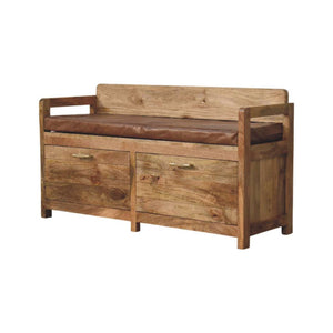 Hardwood Storage Bench with Brown Leather Seat