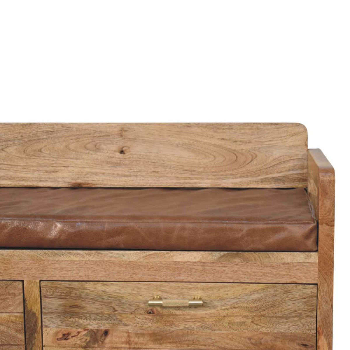 Hardwood Storage Bench with Brown Leather Seat