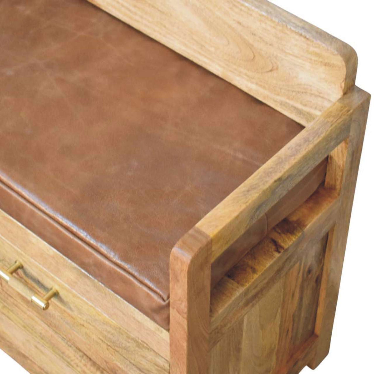 Hardwood Storage Bench with Brown Leather Seat
