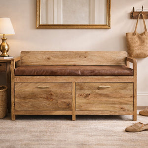 Hardwood Storage Bench with Brown Leather Seat