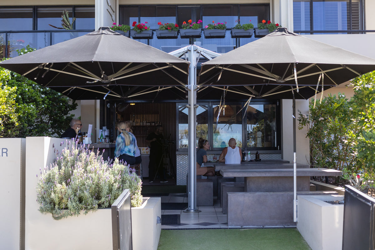 big square patio umbrella cafe Shadowspec Unity™ Quattro- Four Large Umbrellas – Square - Buy Now