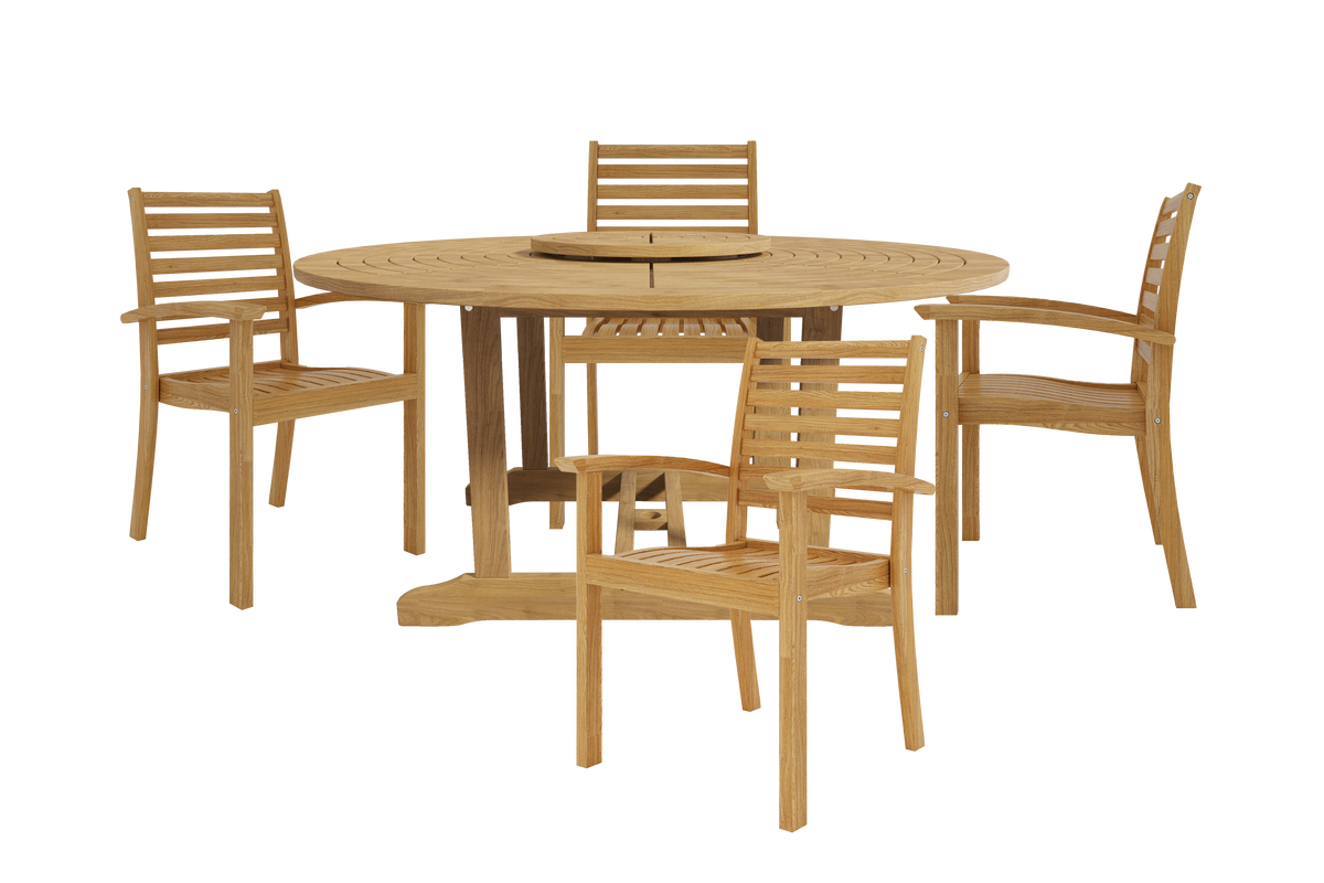 Ambre 5-Piece Round Teak Outdoor Dining Set with Lazy Susan and Stacking Armchairs Outdoor deep seating
