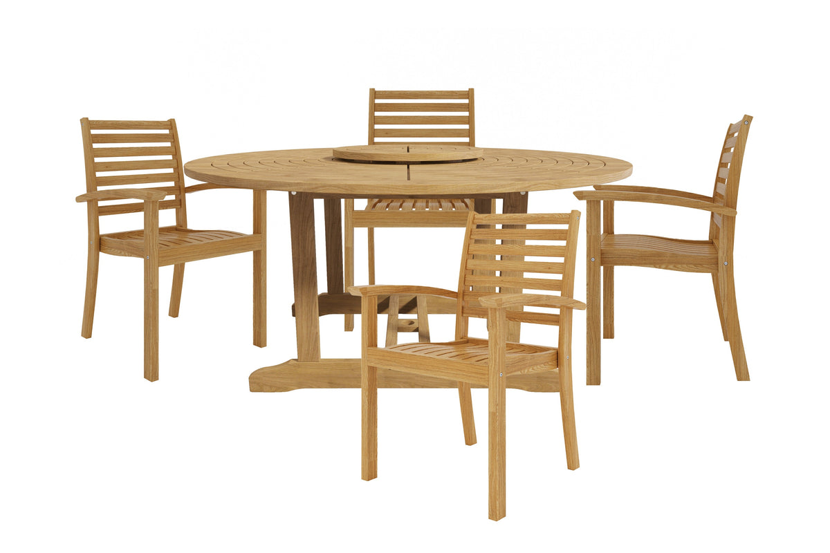 Ambre 5-Piece Round Teak Outdoor Dining Set with Lazy Susan and Stacking Armchairs Outdoor deep seating