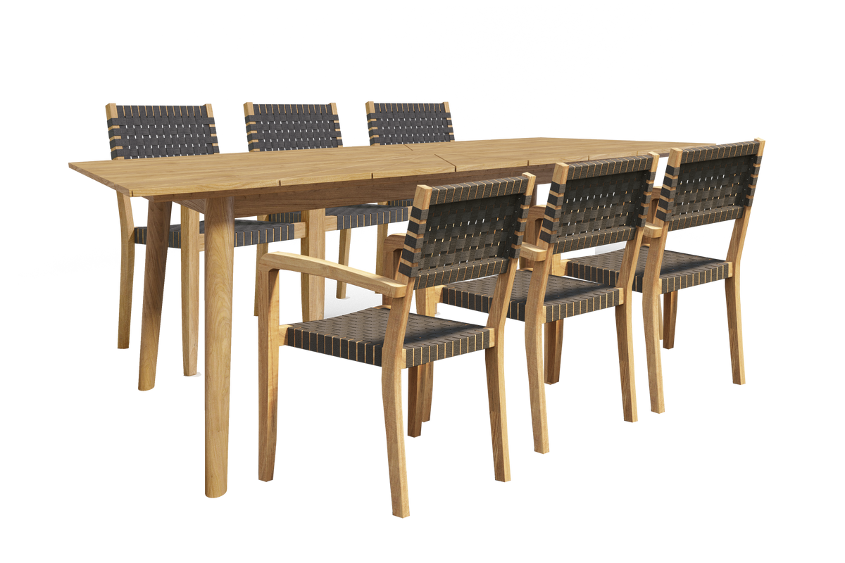 Ambre 5-Piece Round Teak Outdoor Dining Set with Lazy Susan and Stacking Armchairs Outdoor deep seating