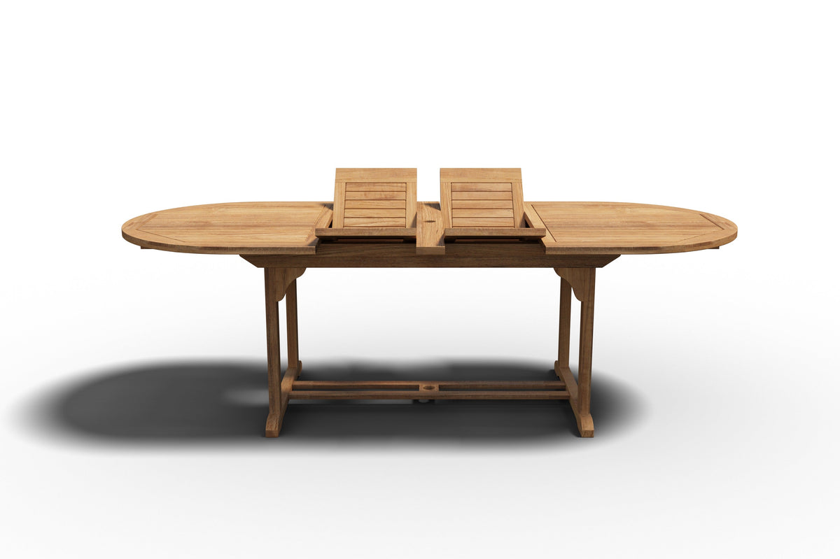Amelie Oval Teak Outdoor Dining Table with Double Extensions and Umbrella Hole Outdoor Table