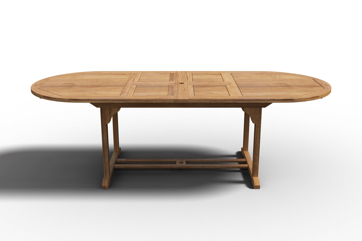 Amelie Oval Teak Outdoor Dining Table with Double Extensions and Umbrella Hole Outdoor Table