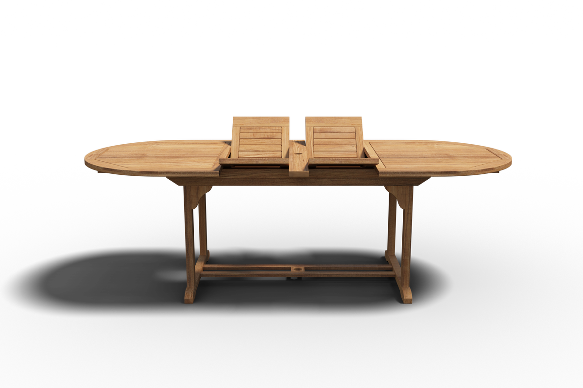 Amelie Oval Teak Outdoor Dining Table with Double Extensions and Umbrella Hole Outdoor Table