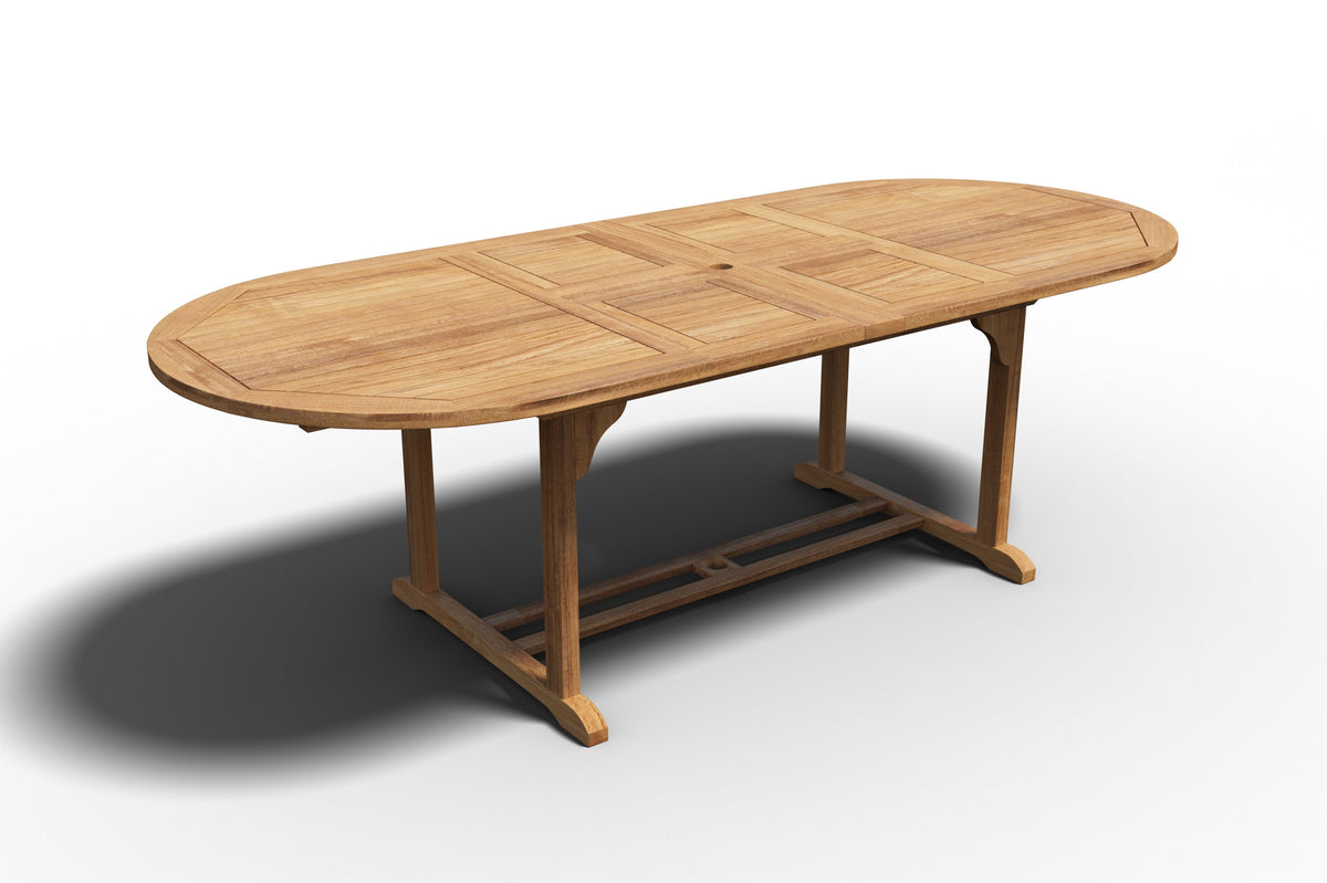 Amelie Oval Teak Outdoor Dining Table with Double Extensions and Umbrella Hole Outdoor Table