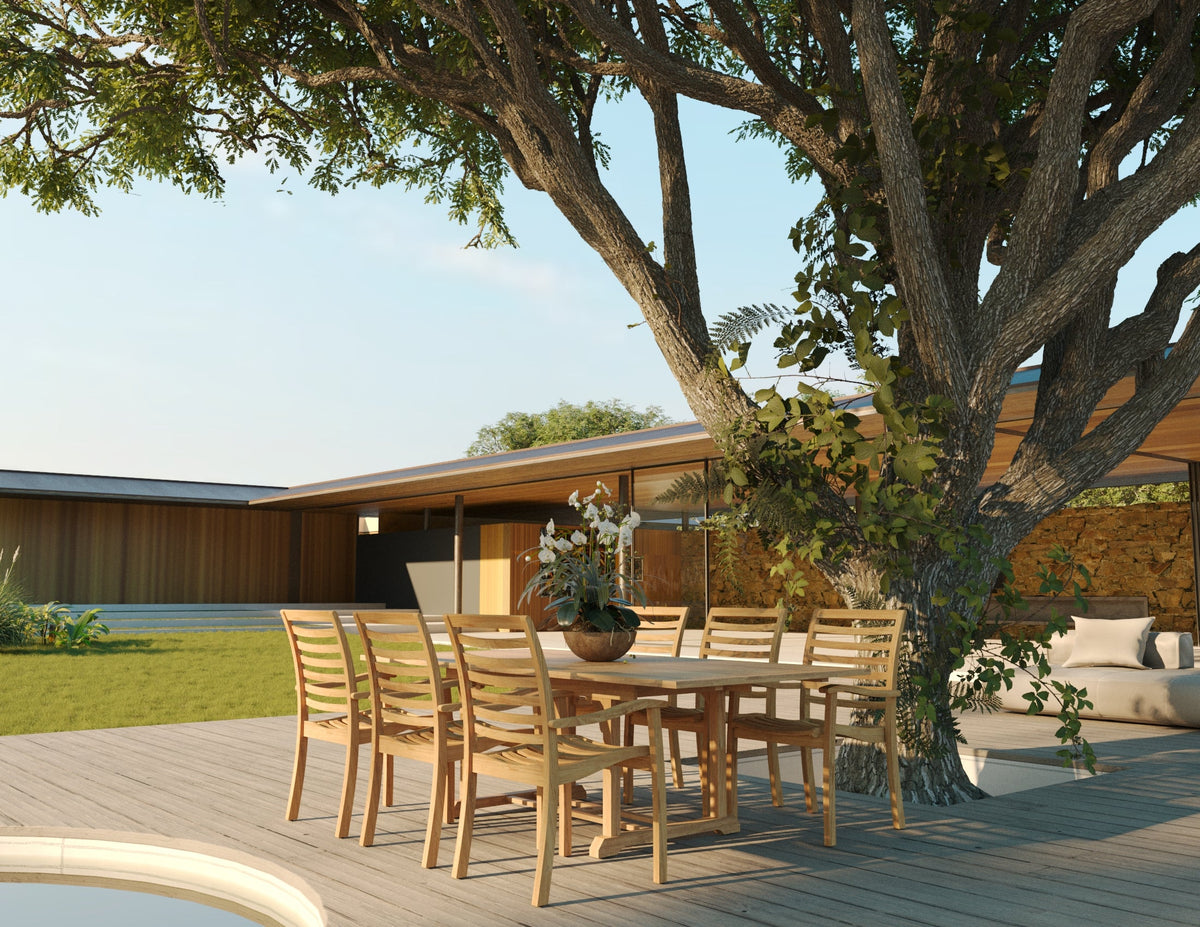 Belmont Rectangular Teak Outdoor Dining Table with Built-In Extension and Umbrella Hole Bar Table
