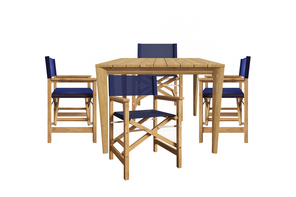 Cateline 5-Piece Square Teak Outdoor Dining Set in Blue with Folding Armchairs Outdoor Dining Set