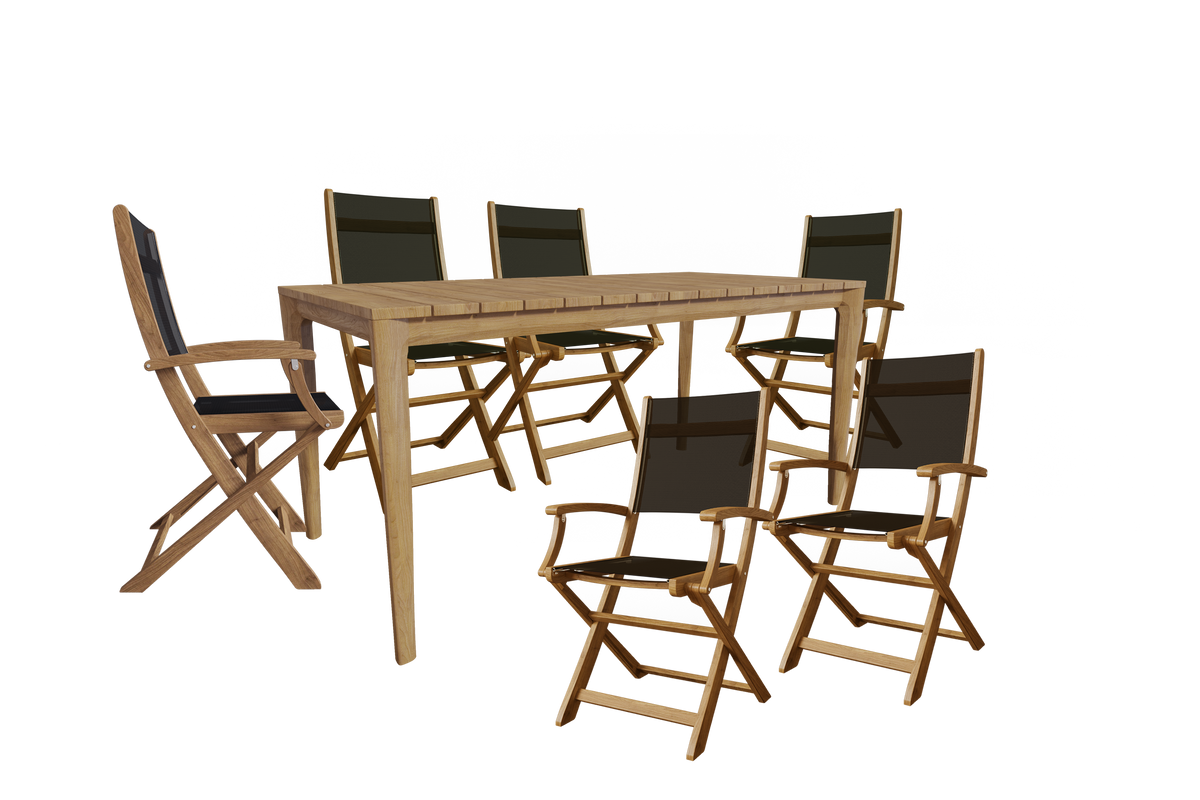 Cateline 7-Piece Rectangular Teak Outdoor Dining Set in Black with Folding Armchairs Outdoor Dining Set