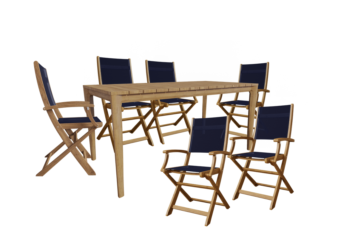 Cateline 7-Piece Rectangular Teak Outdoor Dining Set in Blue with Folding Armchairs Outdoor Dining Set