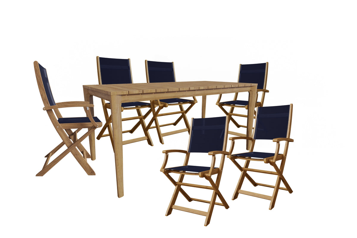 Cateline 7-Piece Rectangular Teak Outdoor Dining Set in Blue with Folding Armchairs Outdoor Dining Set