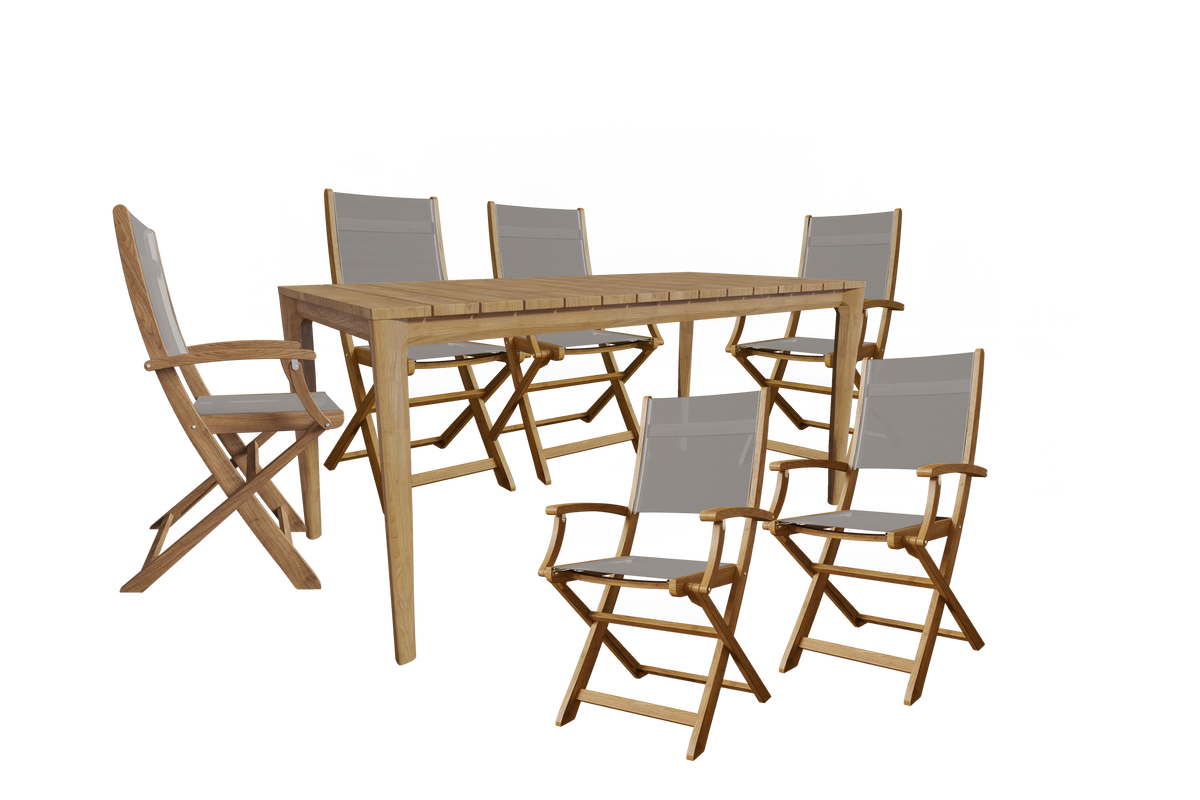 Cateline 7-Piece Rectangular Teak Outdoor Dining Set in Taupe with Folding Armchairs Outdoor Dining Set