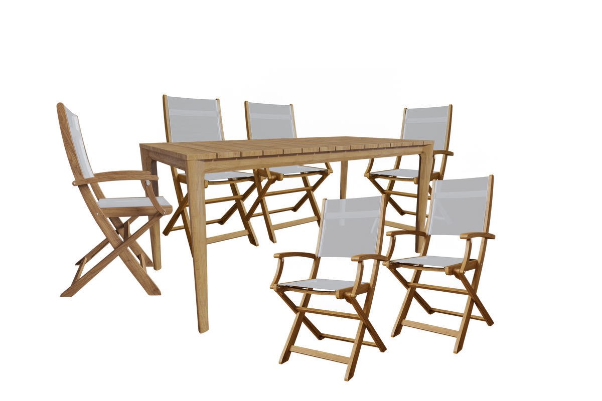 Cateline 7-Piece Rectangular Teak Outdoor Dining Set in White with Folding Armchairs Outdoor Dining Set