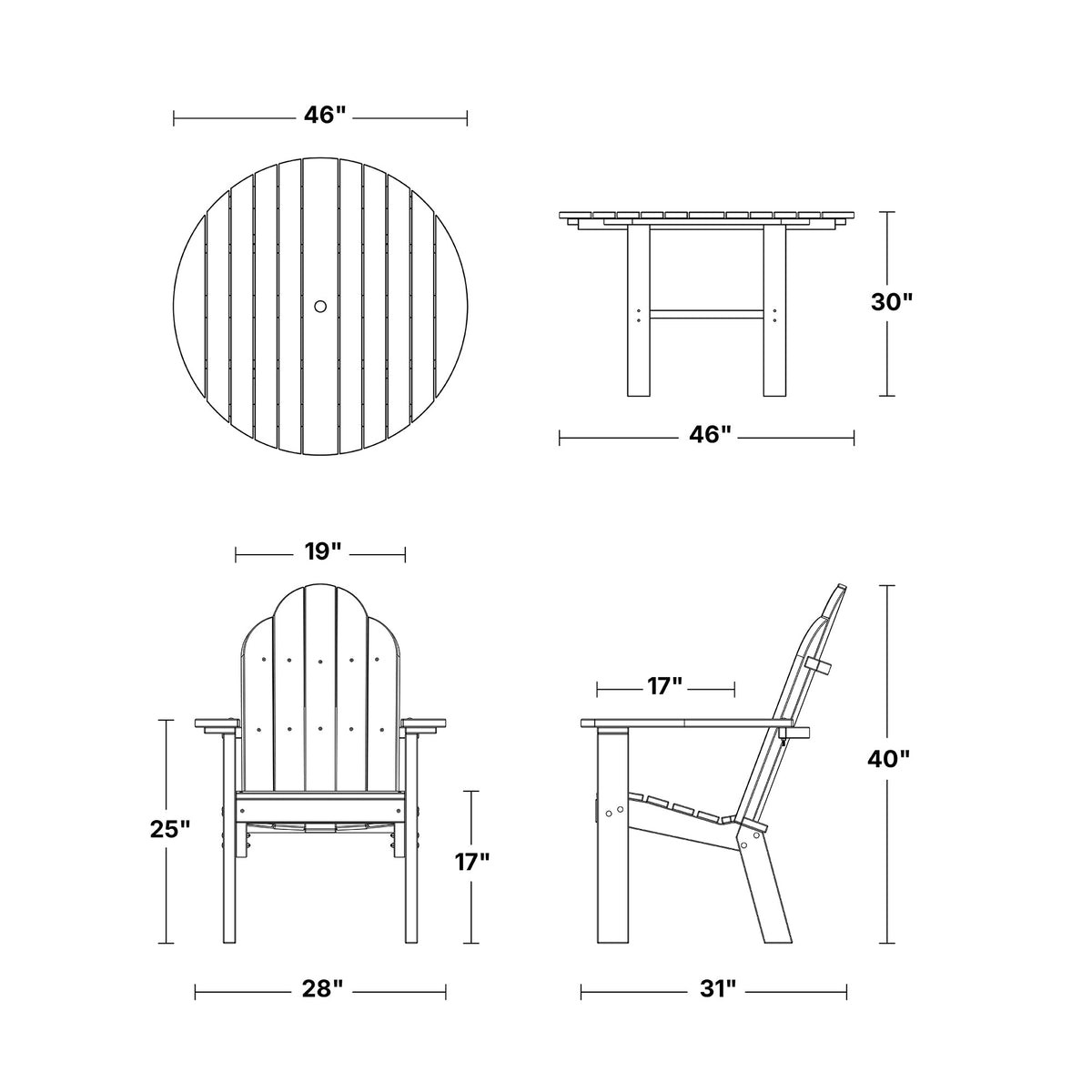 Classic 5-Piece 46" Round Dining Set with Deck Chairs Dining Set