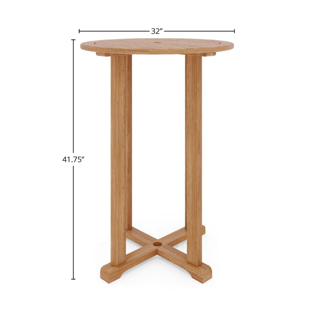 Clement Round Teak Outdoor Bar Height Bistro Table with Umbrella Hole Bar Table