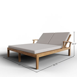 Delaine Double Teak Outdoor Reclining Sun Lounger with Sunbrella Canvas Cushion Dining Bench Set