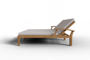 Delaine Double Teak Outdoor Reclining Sun Lounger with Sunbrella Canvas Cushion Dining Bench Set