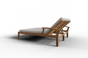 Delaine Double Teak Outdoor Reclining Sun Lounger with Sunbrella Canvas Cushion Dining Bench Set