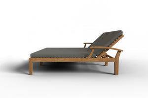 Delaine Double Teak Outdoor Reclining Sun Lounger with Sunbrella Charcoal Cushion Dining Bench Set
