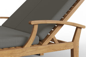 Delaine Double Teak Outdoor Reclining Sun Lounger with Sunbrella Charcoal Cushion Dining Bench Set