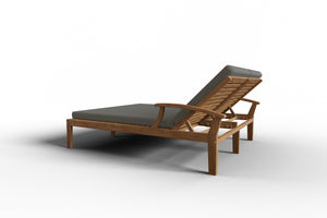Delaine Double Teak Outdoor Reclining Sun Lounger with Sunbrella Charcoal Cushion Dining Bench Set
