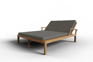 Delaine Double Teak Outdoor Reclining Sun Lounger with Sunbrella Charcoal Cushion Dining Bench Set