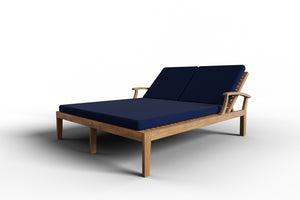 Delaine Double Teak Outdoor Reclining Sun Lounger with Sunbrella Navy Cushion Dining Bench Set