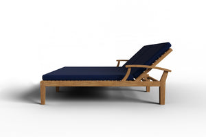 Delaine Double Teak Outdoor Reclining Sun Lounger with Sunbrella Navy Cushion Dining Bench Set