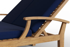 Delaine Double Teak Outdoor Reclining Sun Lounger with Sunbrella Navy Cushion Dining Bench Set