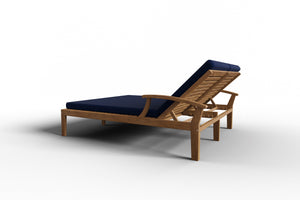 Delaine Double Teak Outdoor Reclining Sun Lounger with Sunbrella Navy Cushion Dining Bench Set