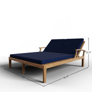Delaine Double Teak Outdoor Reclining Sun Lounger with Sunbrella Navy Cushion Dining Bench Set