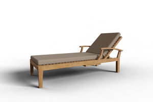 Delaine Teak Outdoor Reclining Sun Lounger with Sunbrella Fawn Cushion and Slide-out Tray Dining Bench Set