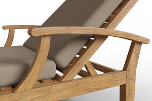 Delaine Teak Outdoor Reclining Sun Lounger with Sunbrella Fawn Cushion and Slide-out Tray Dining Bench Set