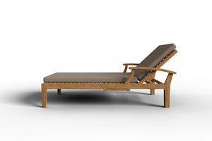 Delaine Teak Outdoor Reclining Sun Lounger with Sunbrella Fawn Cushion and Slide-out Tray Dining Bench Set
