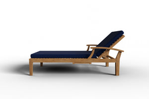 Delaine Teak Outdoor Reclining Sun Lounger with Sunbrella Navy Cushion and Slide-out Tray Dining Bench Set